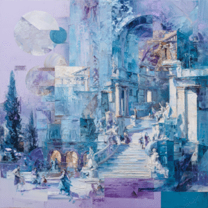 Celestial Dreams: Neoclassical Historical Scene with Constructivist Elements