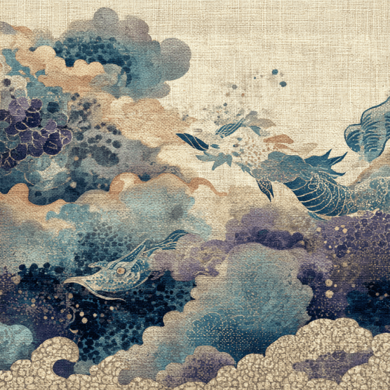 Abstract watercolor artwork depicting swirling blue and purple oceanic forms and mythical creatures against a textured background.