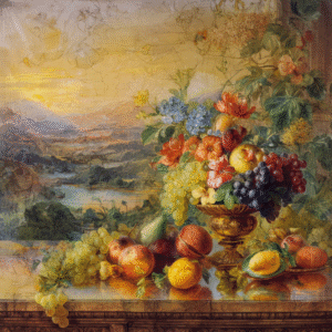 Romantic landscape painting with a still life of fruit and flowers in the foreground, featuring a colorful sunset over a serene valley.