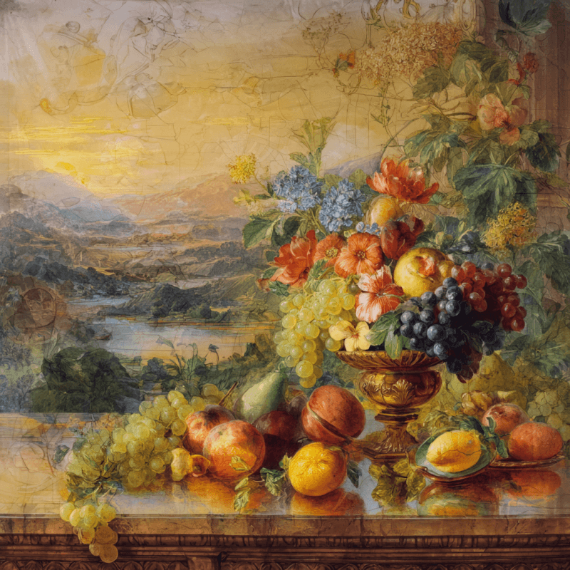 Romantic landscape painting with a still life of fruit and flowers in the foreground, featuring a colorful sunset over a serene valley.