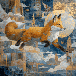 Surreal artwork of a fox soaring through a blue and orange sky with intricate patterns and clouds.