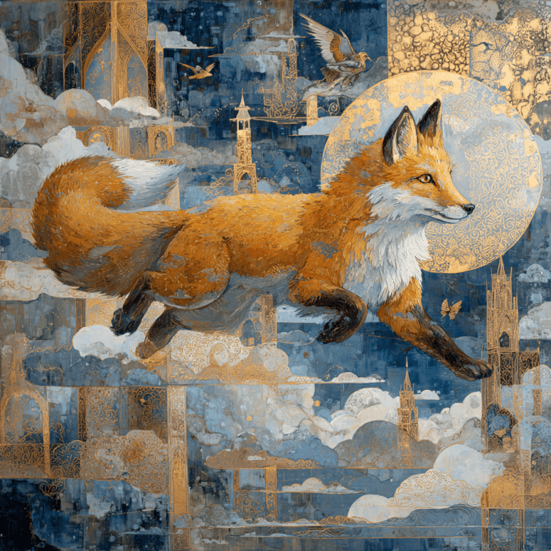 Surreal artwork of a fox soaring through a blue and orange sky with intricate patterns and clouds.