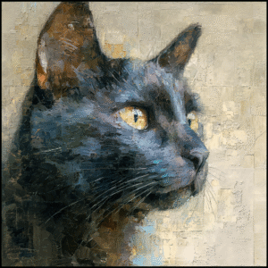 Realistic oil painting of a black cat with yellow eyes, featuring textured brushstrokes in warm tones.