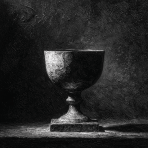 Monochrome artwork depicting a textured goblet in dramatic lighting with strong shadows