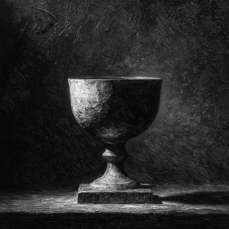 Monochrome artwork depicting a textured goblet in dramatic lighting with strong shadows