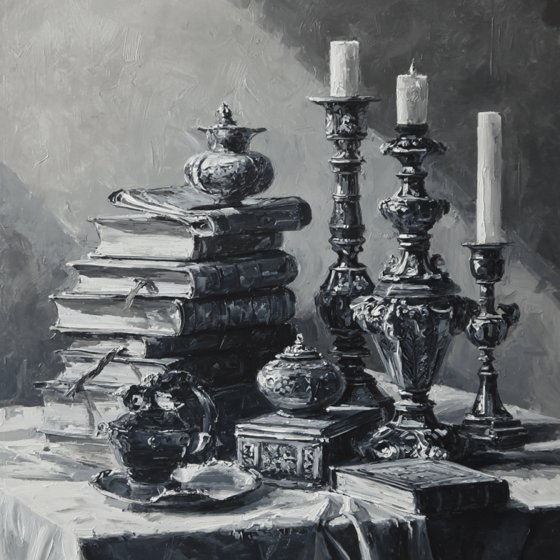 Melancholic Still Life - Monochrome Surrealist Art Inspired by Gustave Caillebotte