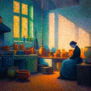 Melancholic Kitchen Reverie - Baroque Color Field Oil Painting in Jewel Tones