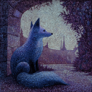 Artwork of a fox in a pointillism style with blue and violet dots, set in a serene landscape with arches and plants.