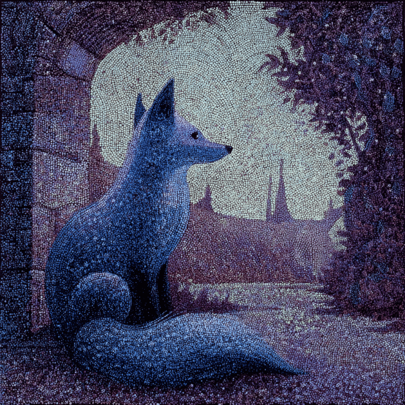 Artwork of a fox in a pointillism style with blue and violet dots, set in a serene landscape with arches and plants.