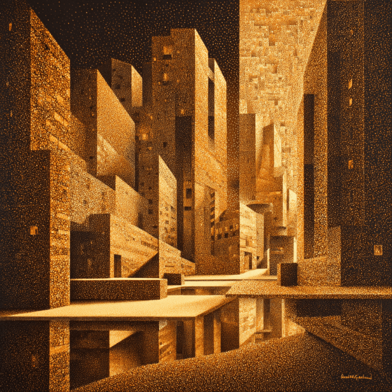 Stylized pointillist cityscape with architectural forms in sepia tones reflecting on water