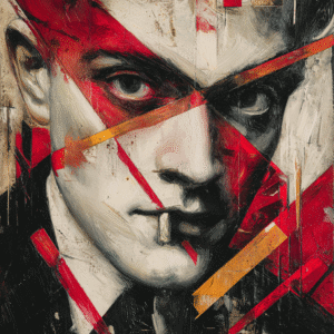 Expressionist artwork featuring a fragmented portrait of a person with striking red, black, and orange geometric shapes.