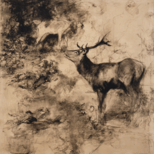 Charcoal drawing of a deer in a forest setting with intricate details and monochrome tones