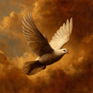 Realistic oil painting of a white dove in flight against a background of warm, sepia-toned clouds.