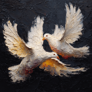 Oil painting of two white doves in flight with textured impasto technique creating a vibrant and dynamic effect on a dark background.