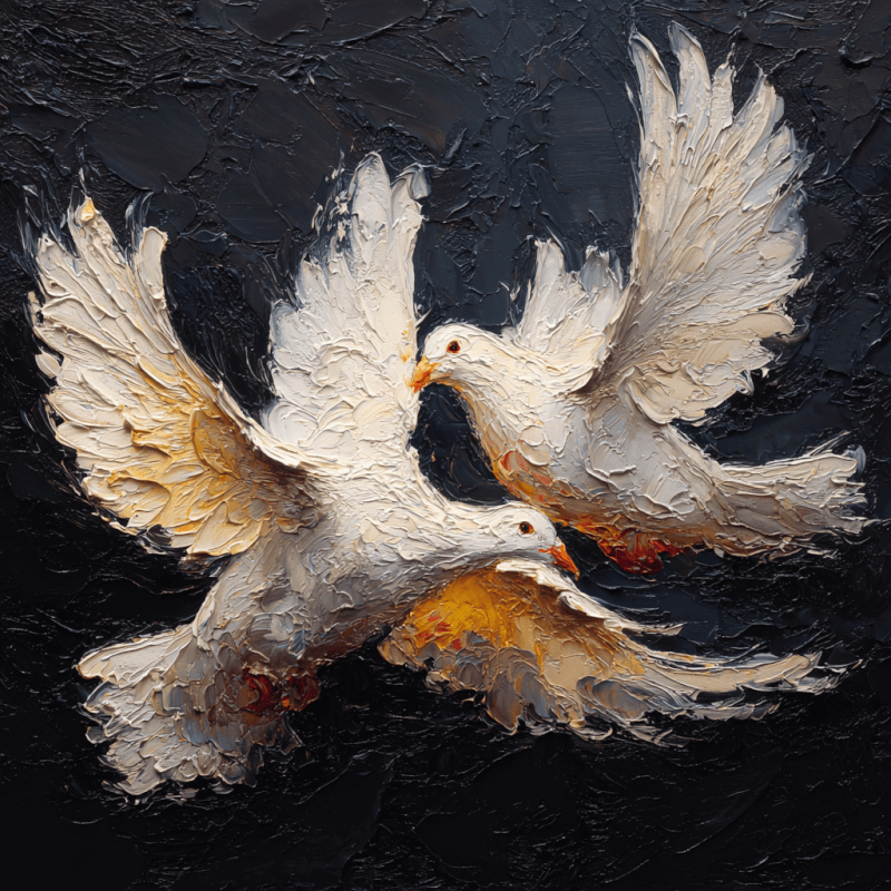 Oil painting of two white doves in flight with textured impasto technique creating a vibrant and dynamic effect on a dark background.