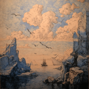 Seascape artwork depicting a historic sailing ship surrounded by dramatic icebergs and clouds, with birds flying overhead in blue and orange hues.