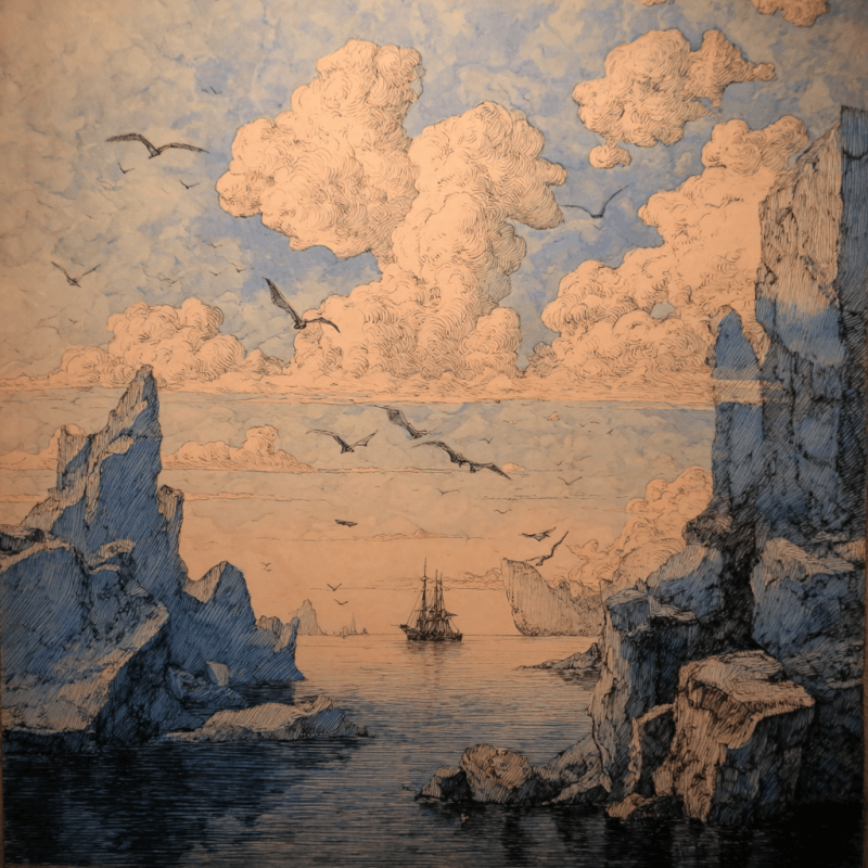 Seascape artwork depicting a historic sailing ship surrounded by dramatic icebergs and clouds, with birds flying overhead in blue and orange hues.