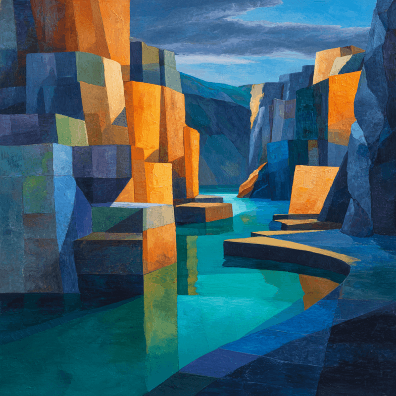 Cubist Landscape Serenity: Vibrant Mid-Century Contemplation