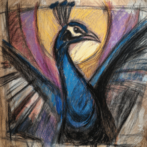 Expressionist pastel drawing of a peacock with vibrant blue and black feathers against a bold yellow and purple background.