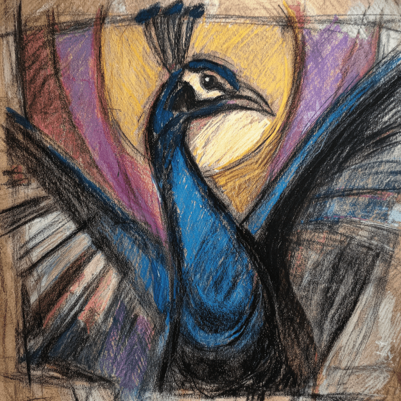 Expressionist pastel drawing of a peacock with vibrant blue and black feathers against a bold yellow and purple background.