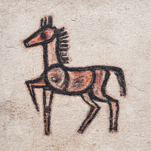 Primitive style artwork depicting a horse drawn with earthy colors and charcoal on a textured surface.