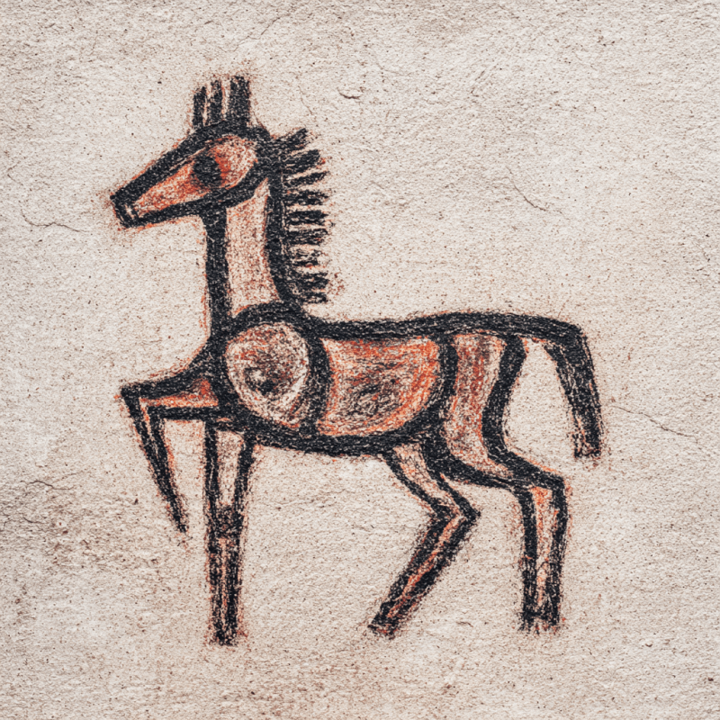 Primitive style artwork depicting a horse drawn with earthy colors and charcoal on a textured surface.