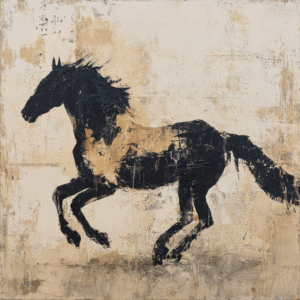 An abstract painting of a black horse in motion against a textured beige background.