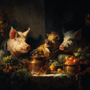 Oil painting of three pigs with a still life of fruits and copper pots, using dramatic lighting and rich colors.