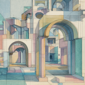 Modern geometric architectural artwork in pastel tones featuring arches, shadows, and a vibrant urban landscape with a watercolor effect.