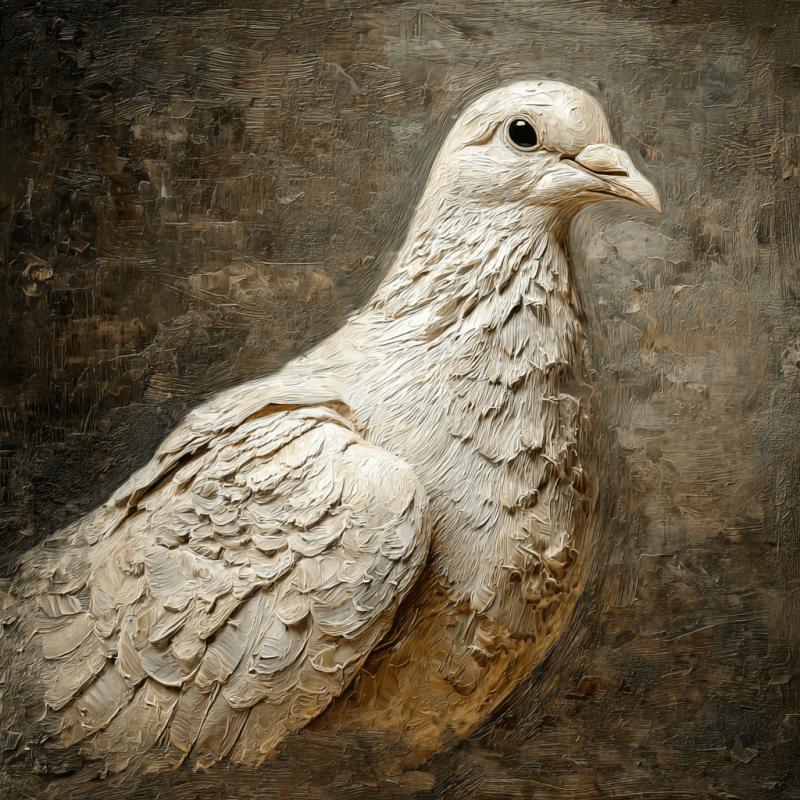 Realistic oil painting of a white dove with detailed feathers against a textured earth-toned background.