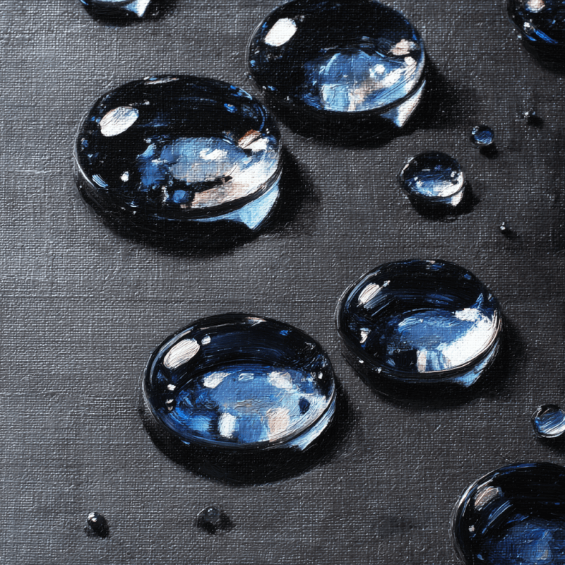 Realistic oil painting of water droplets on a black surface reflecting blue and white colors.