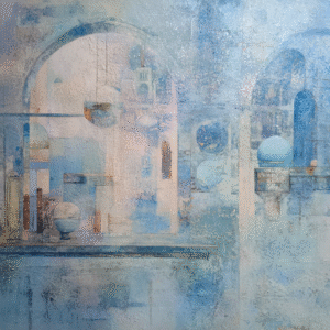 Ethereal abstract artwork with geometric shapes and archways in soft blue hues, evoking a calm and surreal atmosphere.