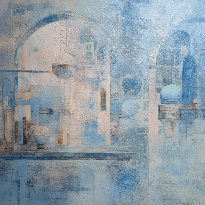 Ethereal abstract artwork with geometric shapes and archways in soft blue hues, evoking a calm and surreal atmosphere.