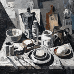 Realistic still life painting of kitchenware and food items on a table in monochrome tones