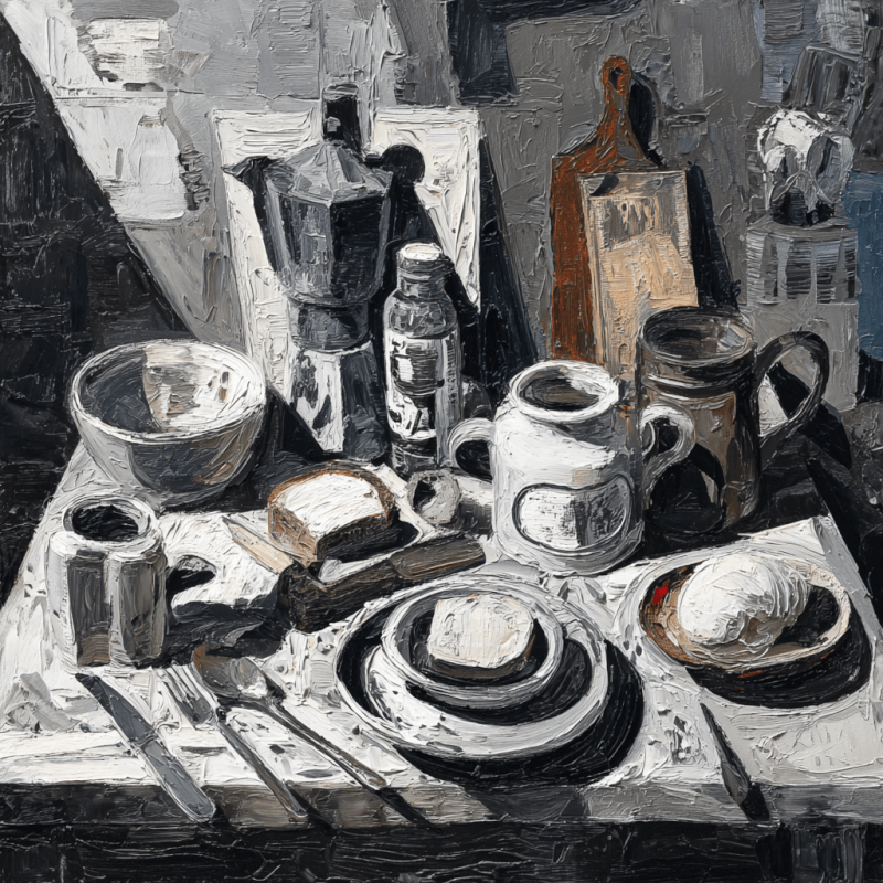 Realistic still life painting of kitchenware and food items on a table in monochrome tones