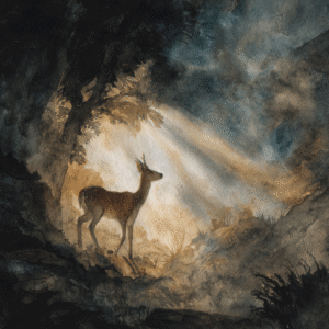 Serene watercolor painting of a deer standing in a sunlit forest clearing with warm earth tones and soft light rays.