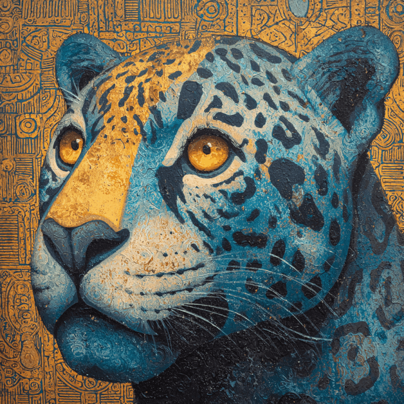 Colorful artwork featuring a leopard with blue and yellow fur, against a detailed patterned background.