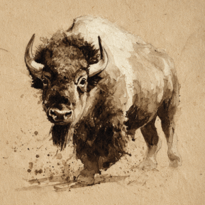 Charcoal illustration of a bison in sepia tones on textured paper