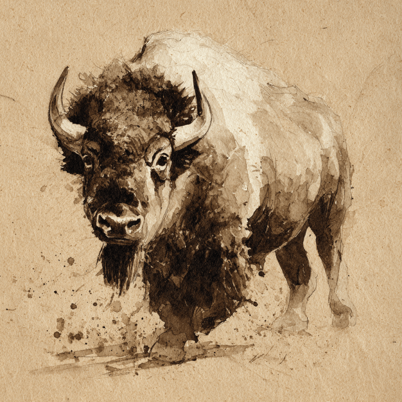 Charcoal illustration of a bison in sepia tones on textured paper