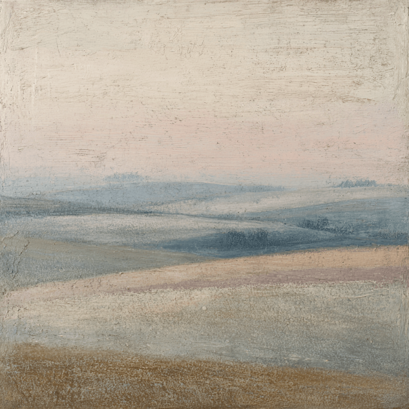 Impressionist landscape painting depicting rolling hills in soft pastel and earth tones, creating a peaceful and tranquil scene