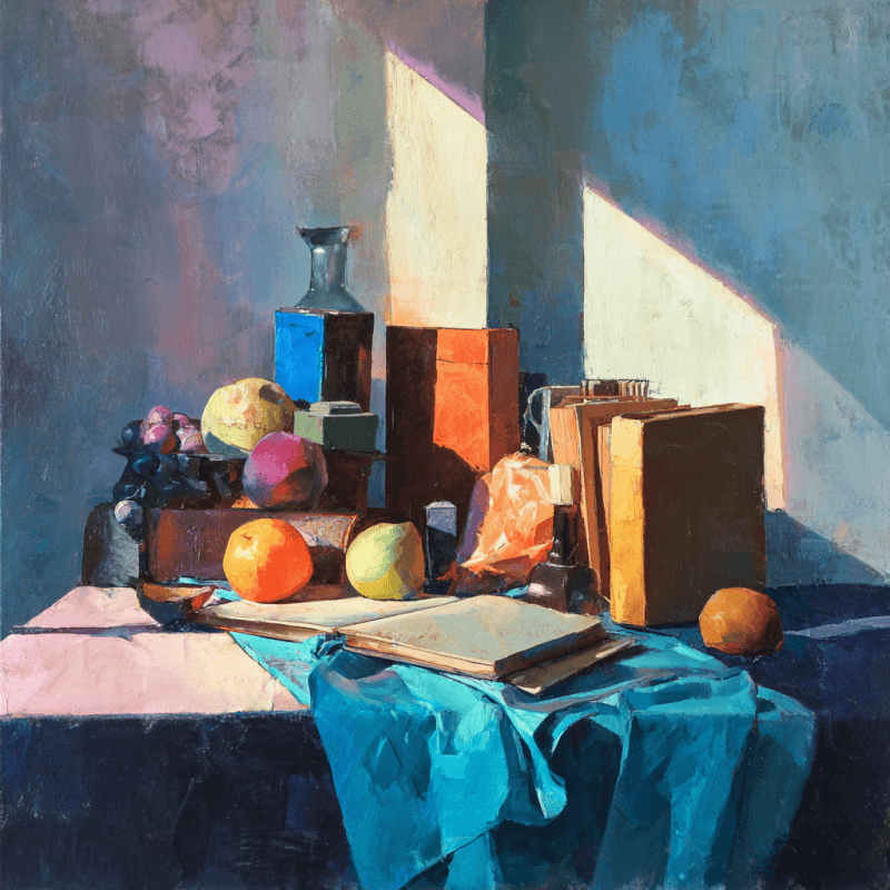 Still life oil painting of fruits and books on a table with a vibrant blue tablecloth, featuring dramatic light and shadows.