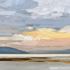 Impressionist landscape painting depicting a serene sunset over distant hills with a warm color palette.