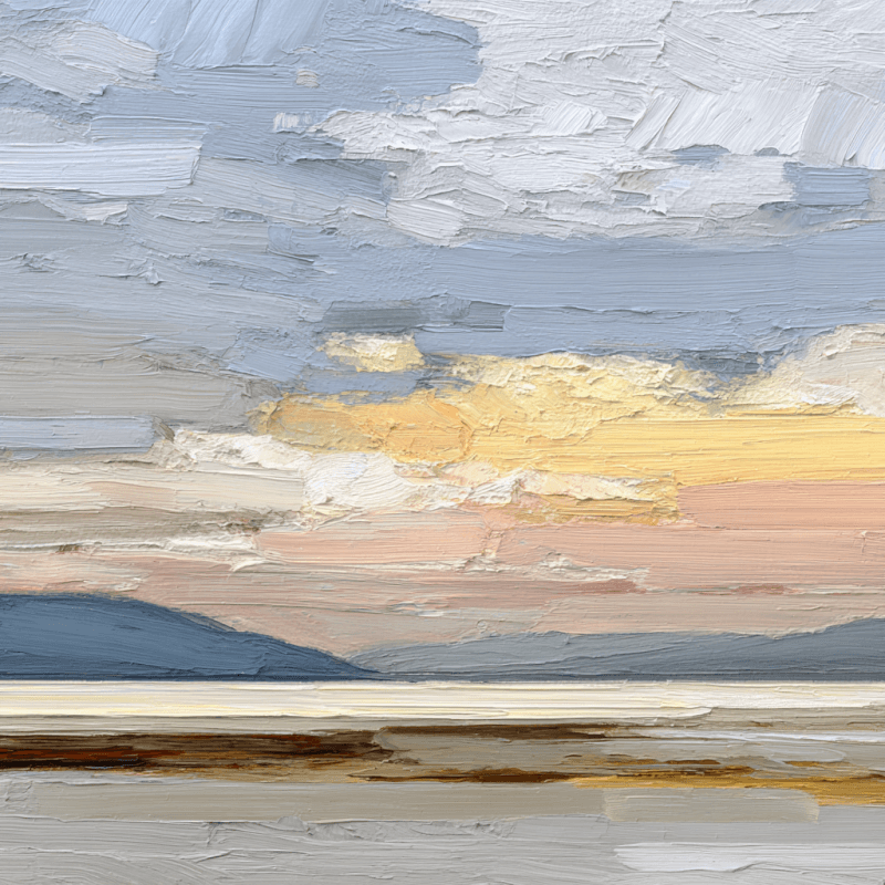 Impressionist landscape painting depicting a serene sunset over distant hills with a warm color palette.