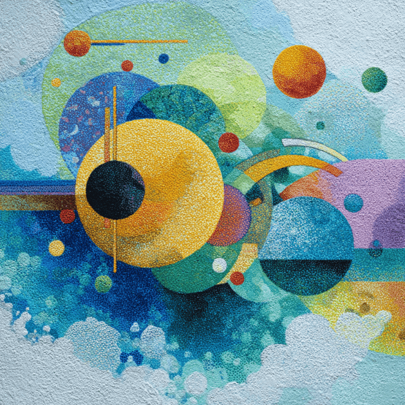 Cosmic Time Voyage: Kandinsky-Inspired Minimalist Pointillism