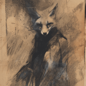 Charcoal sketch of a fox blending into the textured background, featuring monochrome tones with an ethereal and mysterious mood.