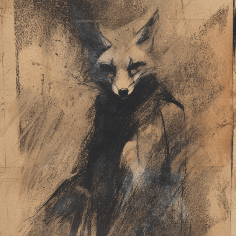 Charcoal sketch of a fox blending into the textured background, featuring monochrome tones with an ethereal and mysterious mood.