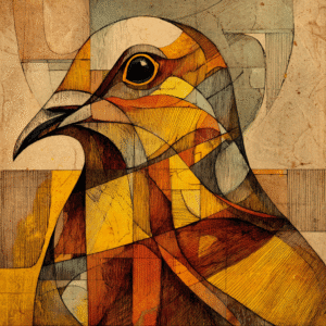 Cubist artwork featuring a stylized bird composed of geometric shapes in warm tones of orange, brown, and beige.