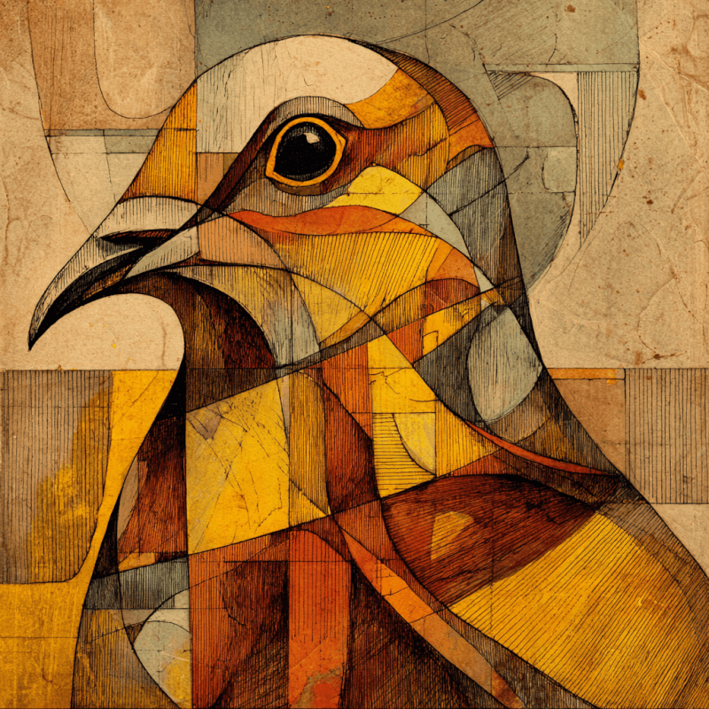 Cubist artwork featuring a stylized bird composed of geometric shapes in warm tones of orange, brown, and beige.