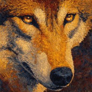 Realistic oil painting of a wolf in warm orange and brown tones with a textured impasto style.