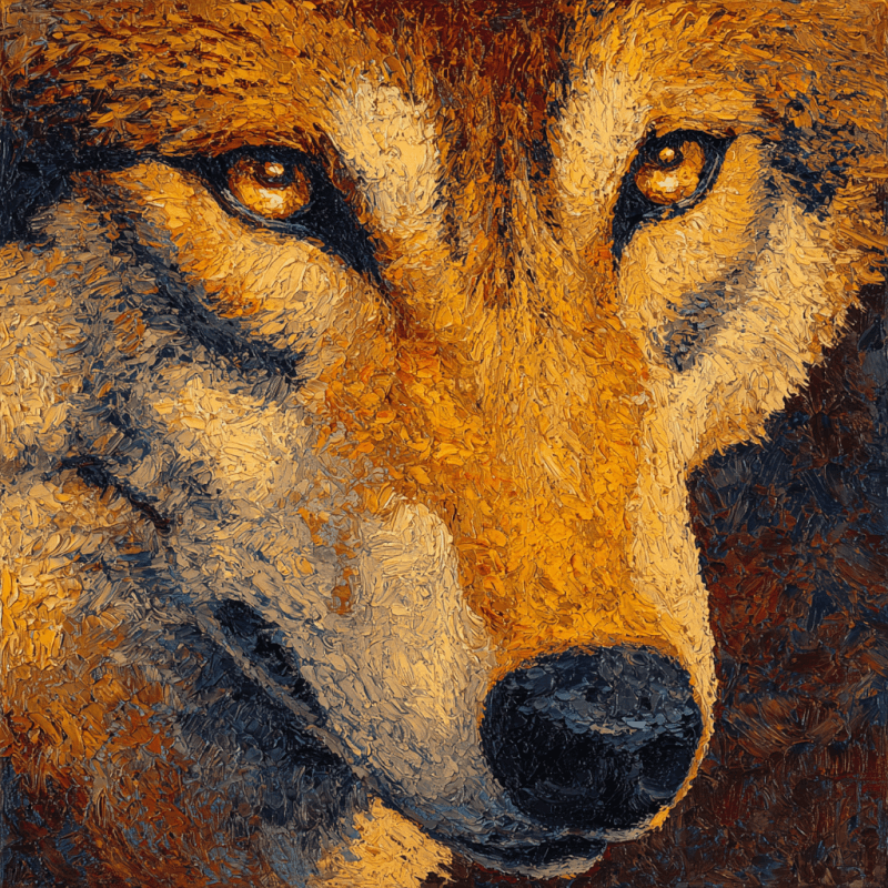 Realistic oil painting of a wolf in warm orange and brown tones with a textured impasto style.